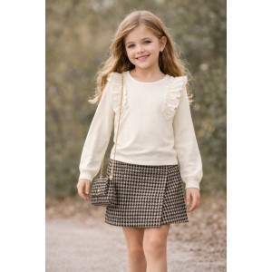 Set elegant fete iDO cu bluză cu volane și fustă pantaloni jacquard, crem și negru, 4.7620TI23NG