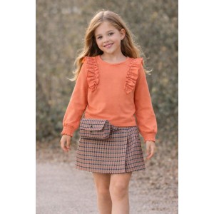 Set elegant fete iDO cu bluză cu volane și fustă pantaloni jacquard, cu accesoriu inclus, 4.7620TI23ORG