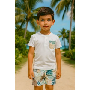 Set băieți Sarabanda din bumbac elastic cu tricou și pantaloni scurți cu imprimeu tropical, 0.B162PV25ALB