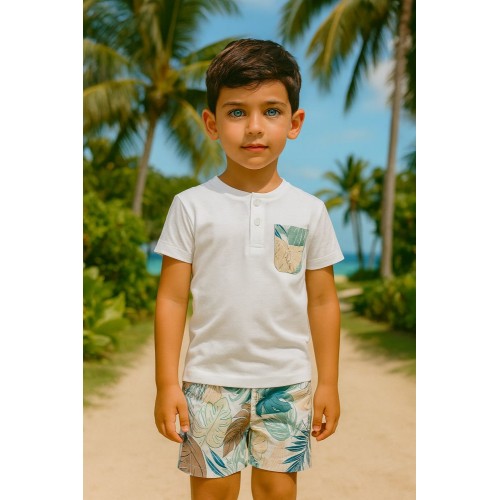 Set băieți Sarabanda din bumbac elastic cu tricou și pantaloni scurți cu imprimeu tropical, 0.B162PV25ALB Set băieți Sarabanda din bumbac elastic cu tricou și pantaloni scurți cu imprimeu tropical, 0.B162PV25ALB
