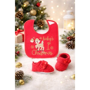 Set Crăciun Bebeluși iDO – Bavetă și Papuci Moi, Design Festiv Unisex,4.7049TI23RO