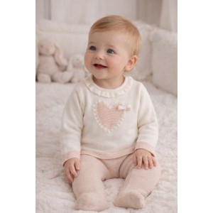 Set tricot Minibanda fetiță bebeluș bumbac lână crem cu inimă intarsia, 3.F761TI25BJ