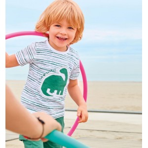 Tricou băieți iDO cu dungi și dinozaur brodat, 100% bumbac, 4.B455PV25VE