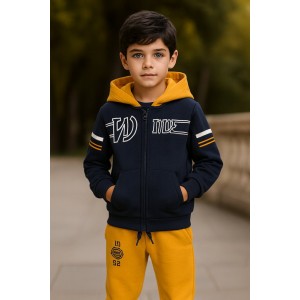 Trening pentru băiat Sarabanda bleumarin și galben, din fleece 100% bumbac cu glugă și fermoar,0.7001TI23GA