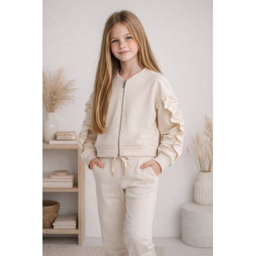 Trening fete Sarabanda din bumbac, hanorac cu fermoar și volane, pantaloni sport cu talie elastică, 0.8407PV24BJ Trening fete Sarabanda din bumbac, hanorac cu fermoar și volane, pantaloni sport cu talie elastică, 0.8407PV24BJ