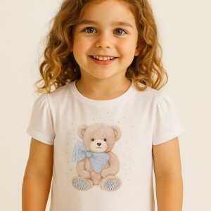 Tricou iDO pentru fete din bumbac 100% cu imprimeu ursuleț și strasuri – Mâneci bufante elegante, 4.8741PV24ALB