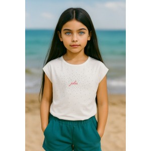 Tricou fete iDO din jerseu de bumbac elastic cu strasuri aplicate și text decorativ, 4.8340PV23ALB