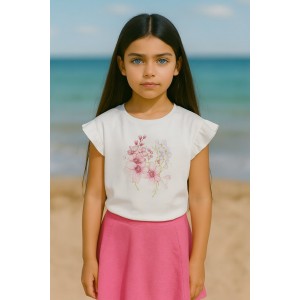 Tricou fetiță Sarabanda din bumbac elastic cu imprimeu floral și aplicații cu strasuri, 0.8302PV24ALB