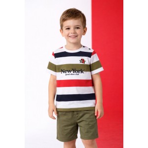 Tricou băieți iDO din bumbac 100% cu dungi multicolore și imprimeu New York, 4.8672PV24MU