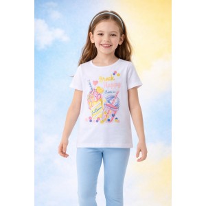 Tricou fetițe iDO din bumbac elastic cu imprimeu colorat, strasuri și sclipici, 4.6748PV23ALB