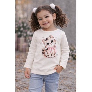 Tricou maxi pentru fetițe iDO din bumbac cu imprimeu pisicuță și aplicații strălucitoare, 4.F299TI25ALB