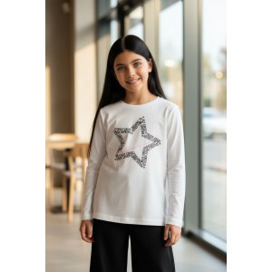 Bluză pentru fete iDO din bumbac elastic cu imprimeu stea și aplicații cu strasuri,4.4046TI23ALB