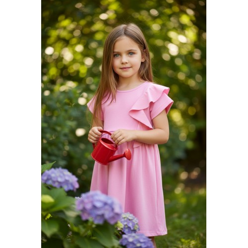 Rochie fetiță Sarabanda roz din bumbac elastic cu volan decorativ, 0.B231PV25 Rochie fetiță Sarabanda roz din bumbac elastic cu volan decorativ, 0.B231PV25