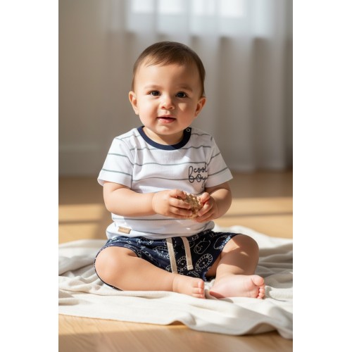 Compleu bebe băiat Minibanda cu tricou în dungi și pantaloni scurți imprimeu leu – confort și stil pentru vară, 3.B678PV25NAV Compleu bebe băiat Minibanda cu tricou în dungi și pantaloni scurți imprimeu leu – confort și stil pentru vară, 3.B678PV25NAV