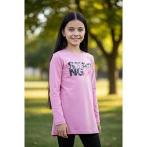 Bluză roz cu mânecă lungă pentru fete Sarabanda din jerseu elastic cu imprimeu „Strong Girls”, 4.5331TI23RZ