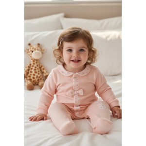 Salopetă iDOMini Bebeluşi din Bumbac Elastic cu Broderie Girafă și Fundiță – Roz Somon, 4.8158PV24PI