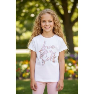 Tricou Sarabanda Fetițe din Bumbac Elastic cu Imprimeu Laminat și Strasuri – Alb, 0.8421PV24ALB
