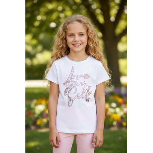 Tricou Sarabanda Fetițe din Bumbac Elastic cu Imprimeu Laminat și Strasuri – Alb, 0.8421PV24ALB Tricou Sarabanda Fetițe din Bumbac Elastic cu Imprimeu Laminat și Strasuri – Alb, 0.8421PV24ALB