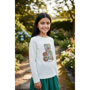 Bluză pentru fete iDO din bumbac elastic cu imprimeu ursuleț și strasuri – confort și stil, 4.A862TI24ALB