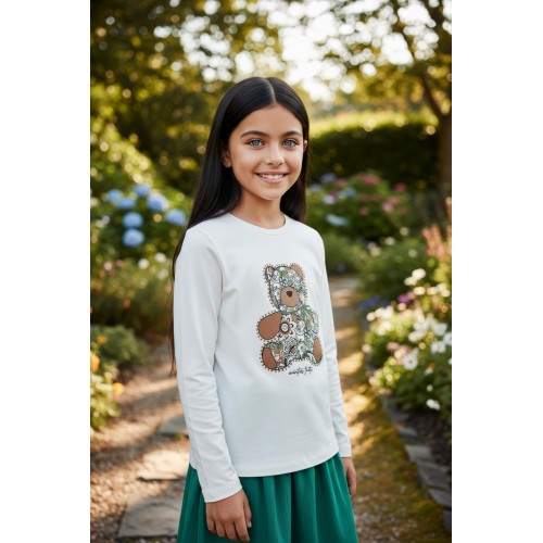 Bluză pentru fete iDO din bumbac elastic cu imprimeu ursuleț și strasuri – confort și stil, 4.A862TI24ALB Bluză pentru fete iDO din bumbac elastic cu imprimeu ursuleț și strasuri – confort și stil, 4.A862TI24ALB