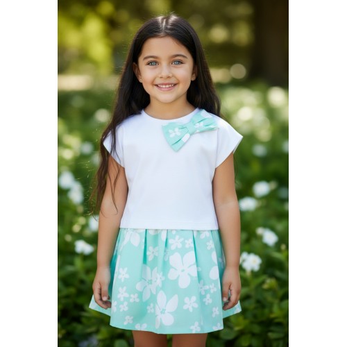 Compleu Sarabanda Fetițe – Tricou din Bumbac Elastic cu Fundiță și Fustă cu Imprimeu Floral Verde Mentă, 0.B345PV25ALB Compleu Sarabanda Fetițe – Tricou din Bumbac Elastic cu Fundiță și Fustă cu Imprimeu Floral Verde Mentă, 0.B345PV25ALB