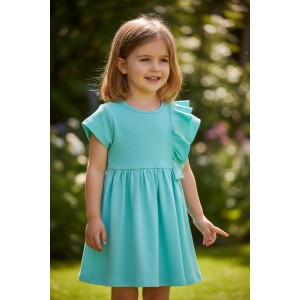 Rochie fetiță Sarabanda turcoaz din bumbac elastic cu volan decorativ, 0.B231PV25TU