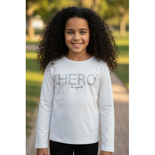 Bluză iDO pentru fete cu mâneci lungi și imprimeu cu strasuri „HERO”,4.7856TI23ALB Bluză iDO pentru fete cu mâneci lungi și imprimeu cu strasuri „HERO”,4.7856TI23ALB