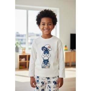 Bluză iDO Băieți din Bumbac 100% cu Mânecă Lungă și Imprimeu Câine – Alb, 4.A462TI24ALB