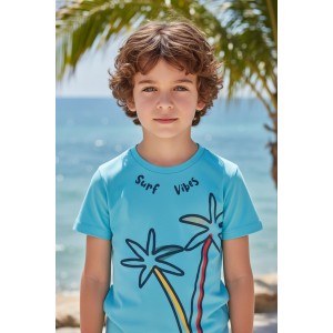 Tricou băieți iDO din jerseu 100% bumbac cu imprimeu palmieri și capse pe umăr, 0.8136PV24ABS