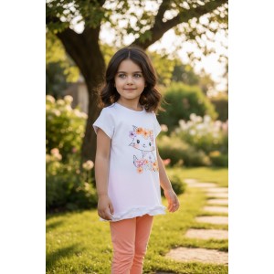 Compleu de vară pentru fete Sarabanda din bumbac elastic – tricou cu imprimeu floral și colanți, 0.B350PV25ORG