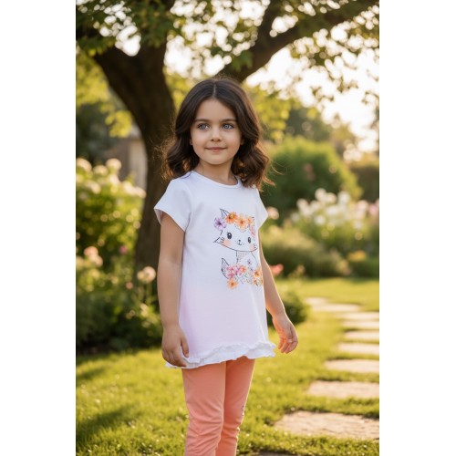 Compleu de vară pentru fete Sarabanda din bumbac elastic – tricou cu imprimeu floral și colanți, 0.B350PV25ORG Compleu de vară pentru fete Sarabanda din bumbac elastic – tricou cu imprimeu floral și colanți, 0.B350PV25ORG