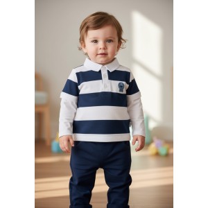 Set bebeluși iDO din bumbac 100% – tricou polo în dungi și pantaloni uni, 4.B059PV25NA