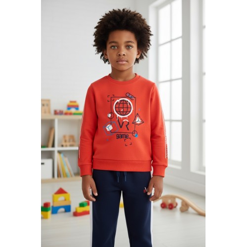 Trening băieți Sarabanda din jerse gros periat – hanorac cu imprimeu și pantaloni cu dungi laterale,0.7003TI23ORG Trening băieți Sarabanda din jerse gros periat – hanorac cu imprimeu și pantaloni cu dungi laterale,0.7003TI23ORG