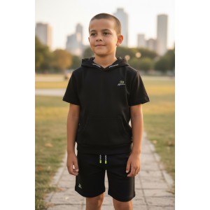 Compleu băieți Sarabanda negru din bumbac și poliester, format din hanorac cu mânecă scurtă și pantaloni scurți, 0.8646PV24NG