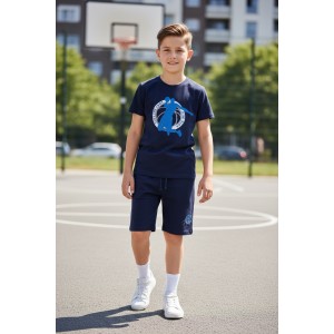Compleu iDO pentru băieți, tricou cu imprimeu baschet și pantaloni scurți cu șnur, jerseu bumbac 100%, 4.8226PV24NAV