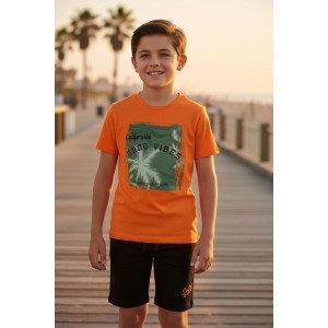 Compleu iDO pentru băieți, tricou cu imprimeu California Good Vibes și pantaloni scurți cu șnur, bumbac 100%Compleu tricou cu imprimeu si pantaloni scurti pentru baiat, I Do, 4.8226PV24ORG