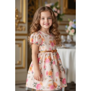 Rochie Elegantă iDO Fetițe din Poplin Elastic cu Imprimeu Floral și Curea – Multicolor, 4.8320PV24PO