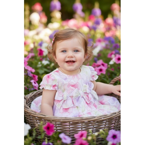 Rochiță Minibanda pentru fetițe cu imprimeu floral și fundițe decorative, 3.B723PV25RZ Rochiță Minibanda pentru fetițe cu imprimeu floral și fundițe decorative, 3.B723PV25RZ