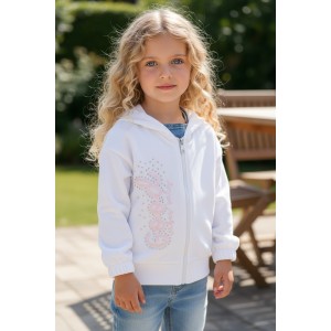 Hanorac iDO pentru fetițe din bumbac elastic cu fermoar și aplicații cu strasuri, 4.B362PV25ALB