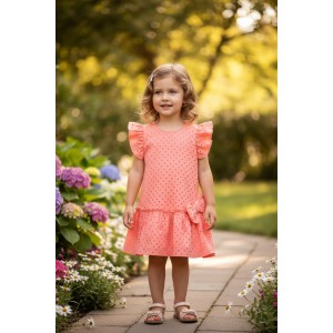 Rochie fetiță Sarabanda din bumbac perforat cu volane și fundă decorativă – culoare corai, 0.B342PV25CO