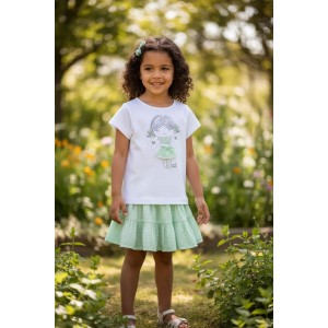 Set fetiță iDO cu tricou aplicat și fustă cu volane în carouri verde mentă – bumbac moale și confortabil, 4.B551PV25VE