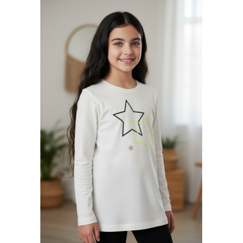 Bluză albă cu mânecă lungă pentru fete Sarabanda din jerseu elastic cu imprimeu stele, 4.5331TI23ALB Bluză albă cu mânecă lungă pentru fete Sarabanda din jerseu elastic cu imprimeu stele, 4.5331TI23ALB