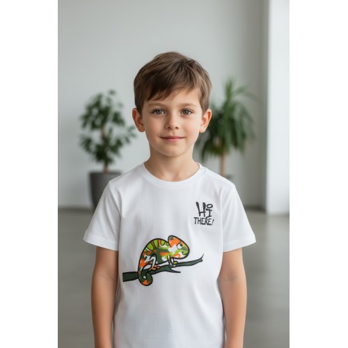 Tricou băieți iDO din jerseu 100% bumbac cu imprimeu cameleon și capse pe umăr, 4.8686PV24ALB Tricou băieți iDO din jerseu 100% bumbac cu imprimeu cameleon și capse pe umăr, 4.8686PV24ALB