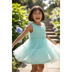 Rochie fetiță Sarabanda din tulle turcoaz cu design elegant și închidere la spate, 0.B338PV25TU