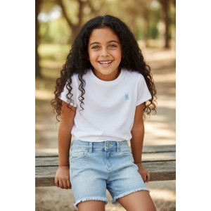 Pantaloni scurți fetiță iDO din denim albastru cu strasuri și tiv franjurat – confort și stil casual, 4.8782PV24ABS