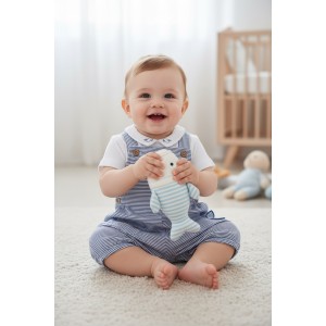 Compleu băiețel Minibanda din bumbac elastic cu salopetă în dungi și body alb, 3.B679PV25BLM